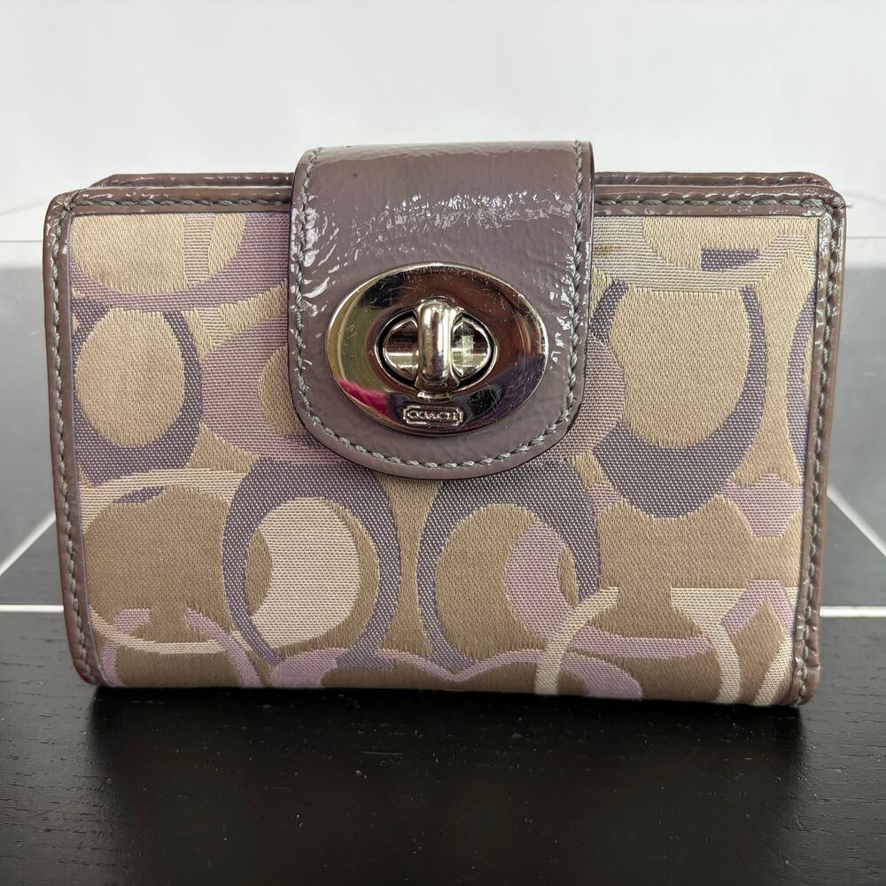 Y2K Coach Optic Signature Small Bifold Turnlock Tan & Purple Wallet